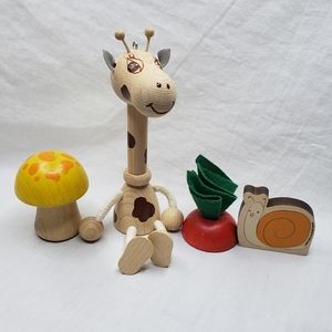 Wood Giraffe and Snail Friends with Mushroom and Radish Shelf Sitters Figurines